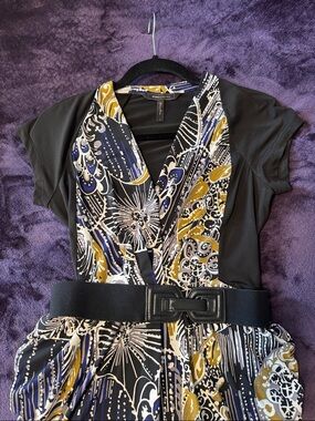 BCBGMaxAzria Black Navy Mustard Printed Faux-Wrap Dress with Belt